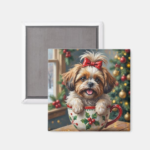 Adorable Shih Tzu Dog in Christmas Mug Cosy Art Magnet