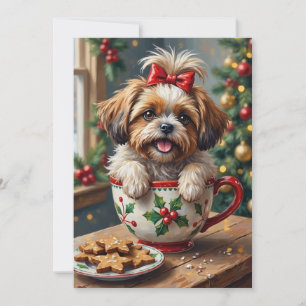 Adorable Shih Tzu Dog in Christmas Mug Cozy Art Holiday Card