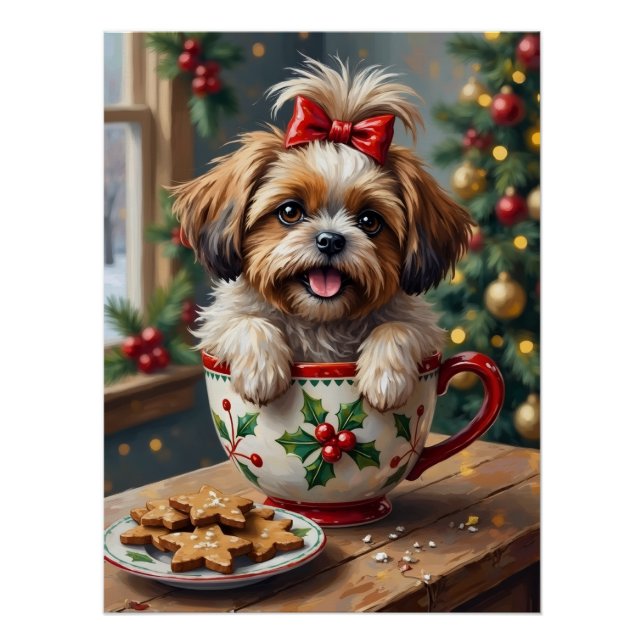 Adorable Shih Tzu Dog in Christmas Mug Cozy Art Poster (Front)