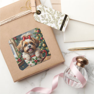 Adorable Shih Tzu Dog in Christmas Mug Cozy Art Square Sticker
