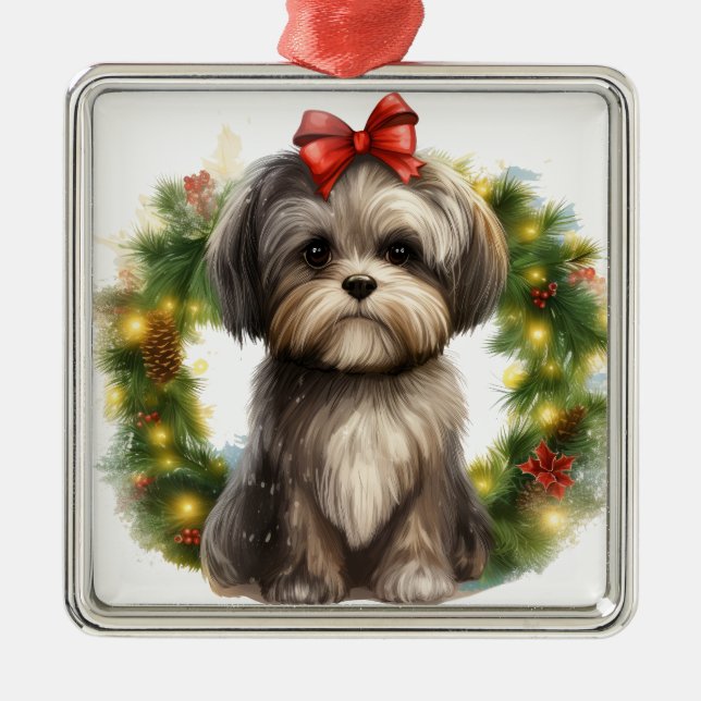 ADORABLE SHIH TZU PUPPY DOG CHRISTMAS WREATH METAL TREE DECORATION (Front)