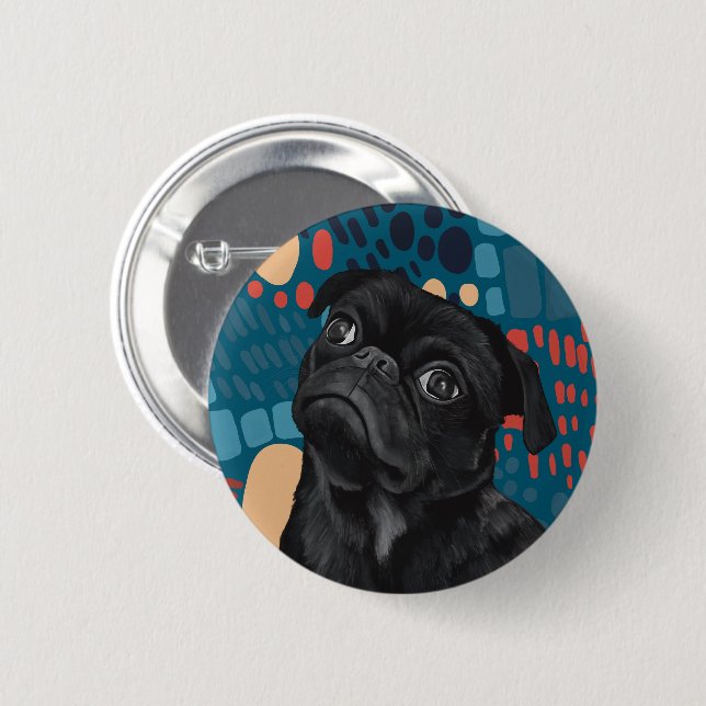 Adorable Sitting Black Pug Dog on Blue Abstract  6 Cm Round Badge (Front & Back)