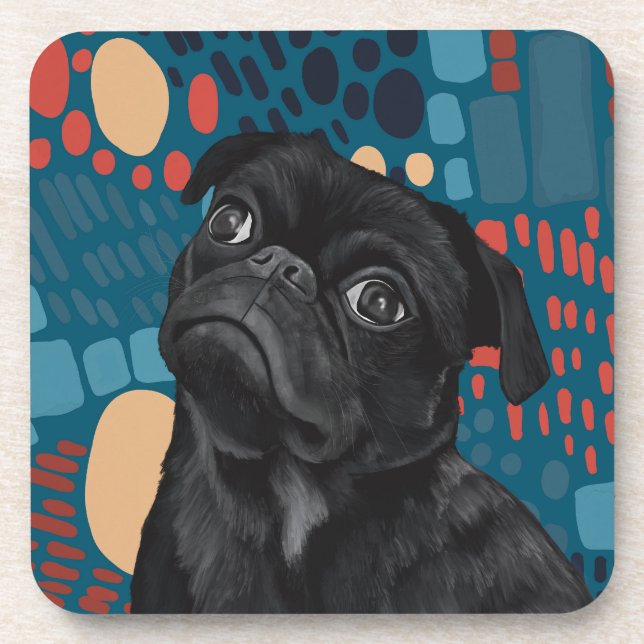 Adorable Sitting Black Pug Dog on Blue Abstract  Coaster (Front)