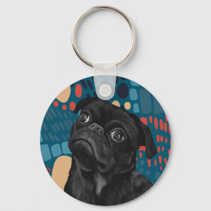 Adorable Sitting Black Pug Dog on Blue Abstract  Key Ring