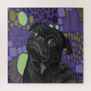 Adorable Sitting Black Pug Dog on Purple Abstract Jigsaw Puzzle