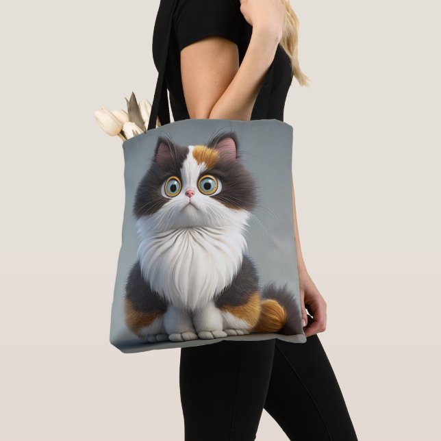 ADORABLE SITTING CARTOON CALICO CAT  TOTE BAG (Close Up)