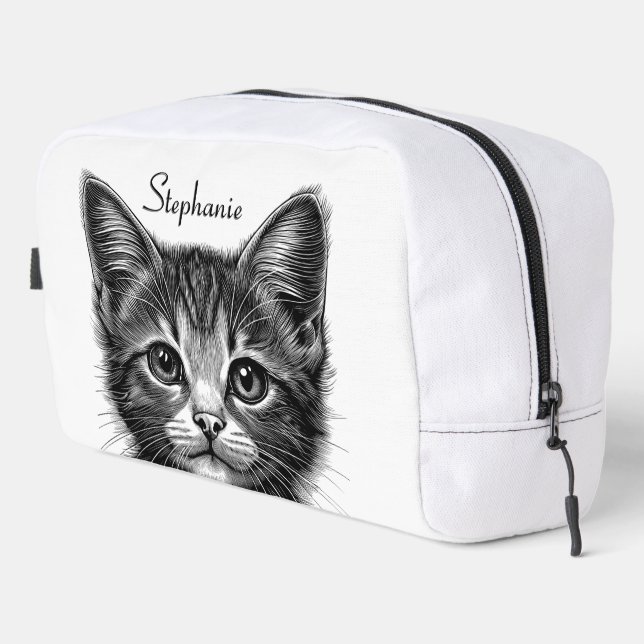 Adorable Sketch of Young Cat Custom Name Dopp Kit (Right Corner)
