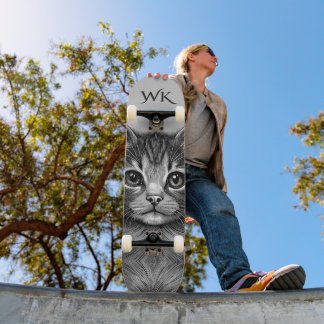 Adorable Sketch of Young Cat Monogram  Skateboard