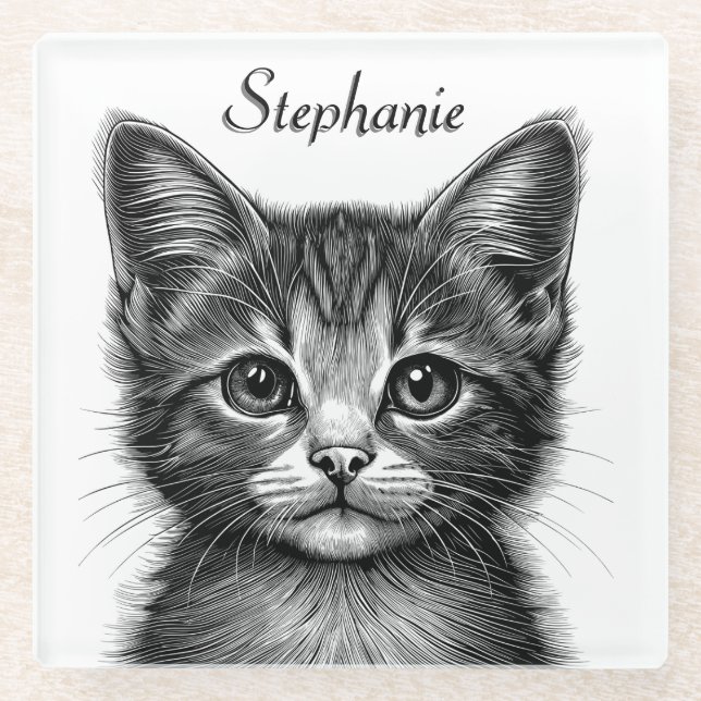 Adorable Sketch of Young Cat Personal  Glass Coaster (Front)