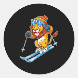 Adorable Skiing Lion Winter Sports  Classic Round Sticker