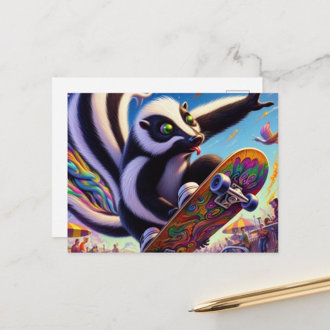 Adorable Skunk Skateboarding Postcard (Front/Back In Situ)