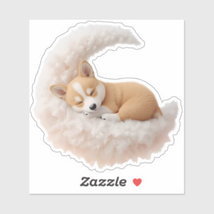 Adorable Sleeping Puppy on Fluffy Moon Sticker.