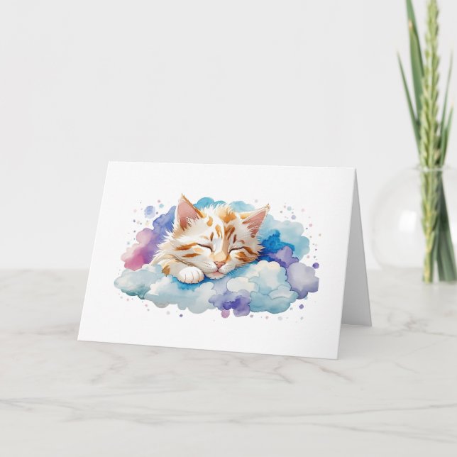 Adorable Sleeping Tabby Kitten on Clouds Greeting Card (Front)