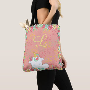 Adorable Sleeping Unicorn and Flowers Monogrammed Tote Bag