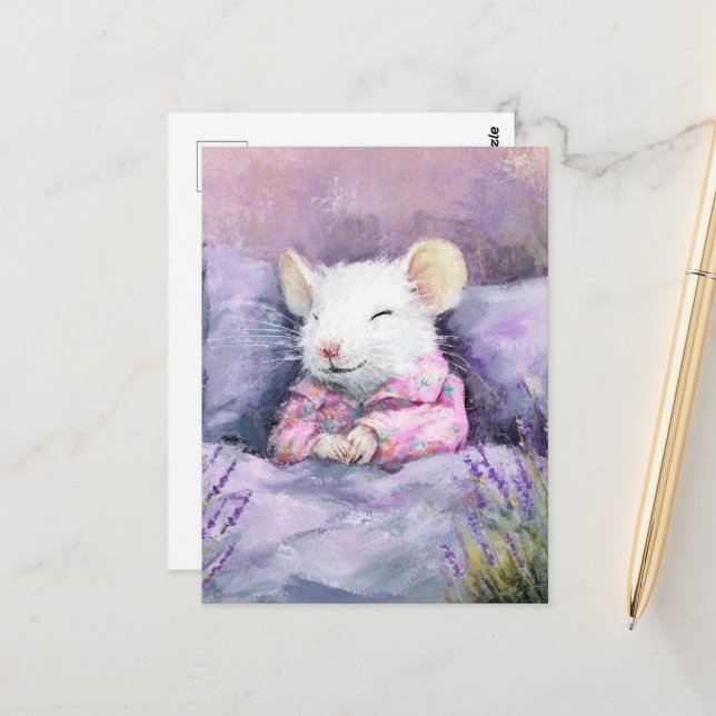 Adorable Sleeping White Mouse in PJs Postcard (Front/Back In Situ)