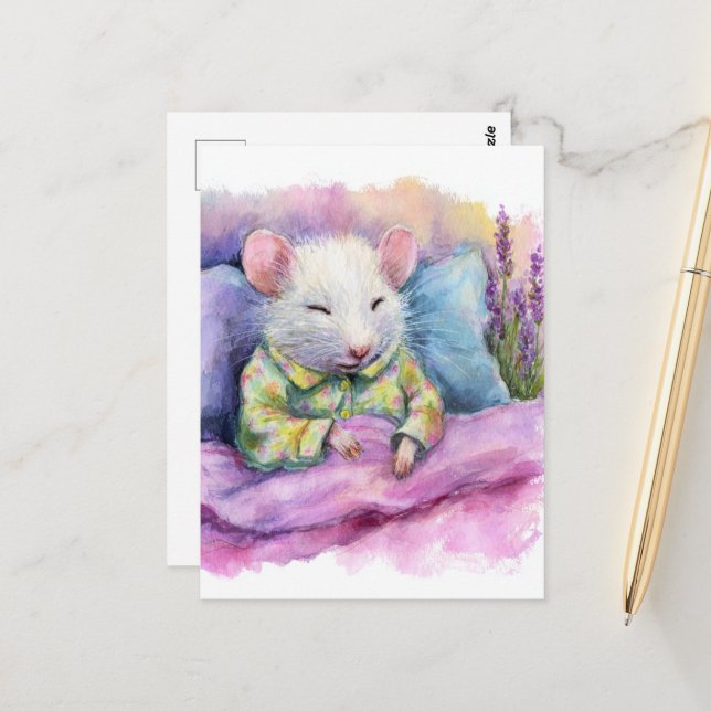 Adorable Sleeping White Mouse in PJs Watercolor Postcard (Front/Back In Situ)