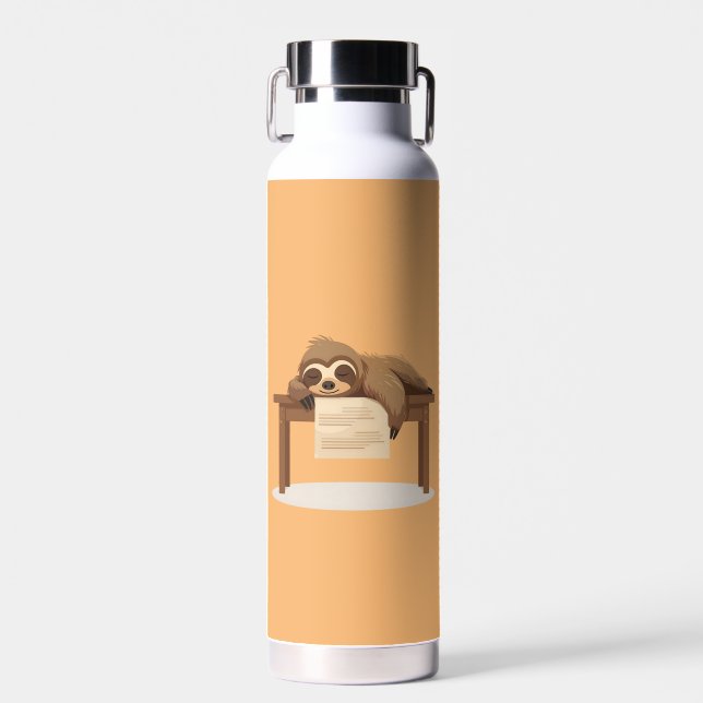 Adorable Sleepy Studying Sloth Water Bottle (Front)