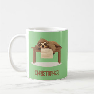 Adorable Sleepy Studying Sloth with Kids Name Coffee Mug