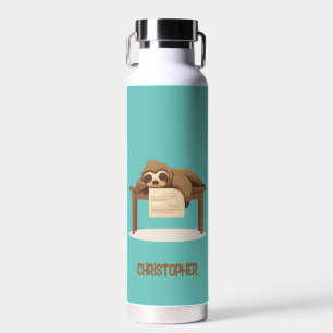 Adorable Sleepy Studying Sloth with Kids Name Water Bottle