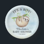 Adorable Sloth Baby Shower 7" Plate<br><div class="desc">Cute sloth for a boys baby shower featuring the sweetest baby sloth set on a blue watercolor background.   Matching items available in our shop.</div>