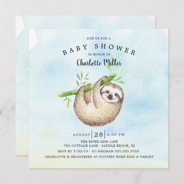 Adorable Sloth Baby Shower Invitation (Front/Back)
