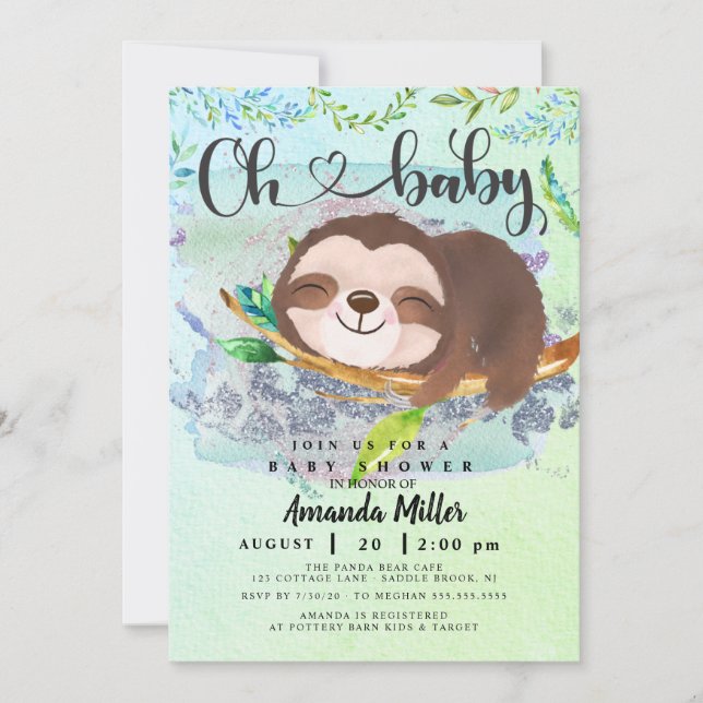 Adorable Sloth Baby Shower Invitation (Front)