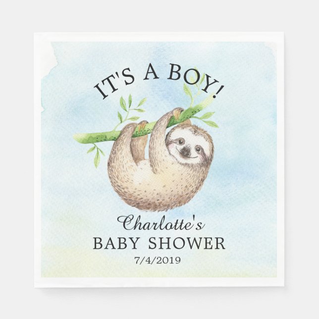 Adorable Sloth Boy Baby Shower Paper Napkins (Front)