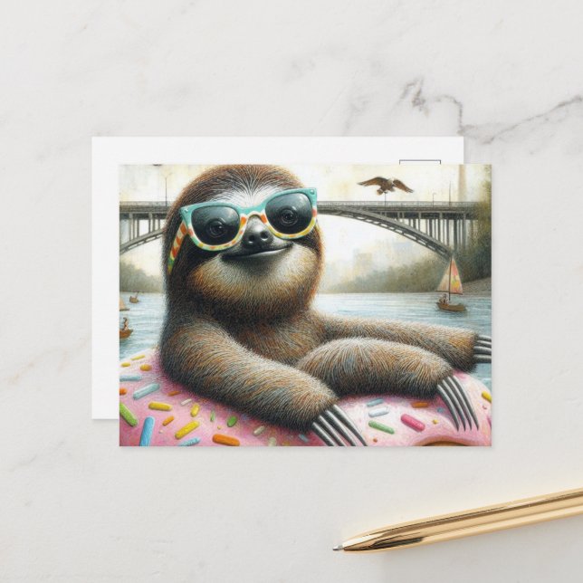 Adorable Sloth floating in a Doughnut  Postcard (Front/Back In Situ)