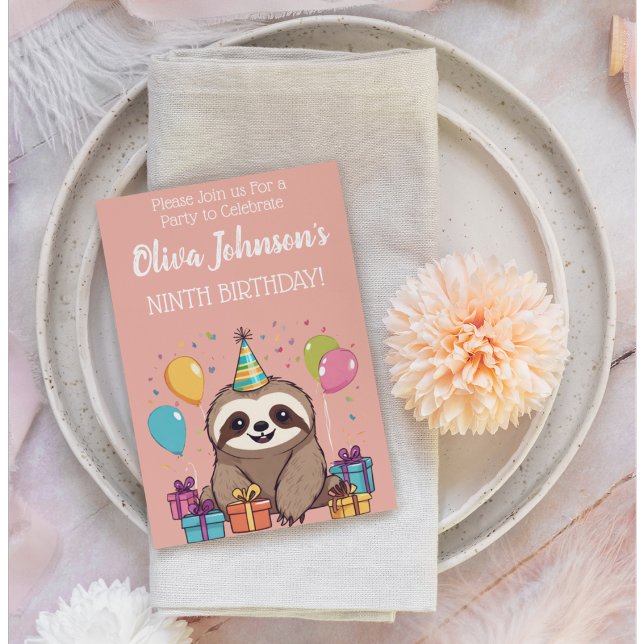 Adorable Sloth Girls Birthday Pink Party Invitation (Sweet sloth birthday party invitation. )