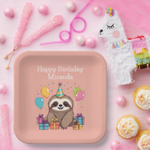 Adorable Sloth Happy Birthday Personalized Pink Paper Plate