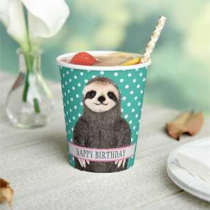 Adorable Sloth Teal Kid's Happy Birthday Animal Paper Cups