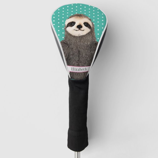 Adorable Sloth Teal Name Kids Animal Colourful Cut Golf Head Cover (Front)