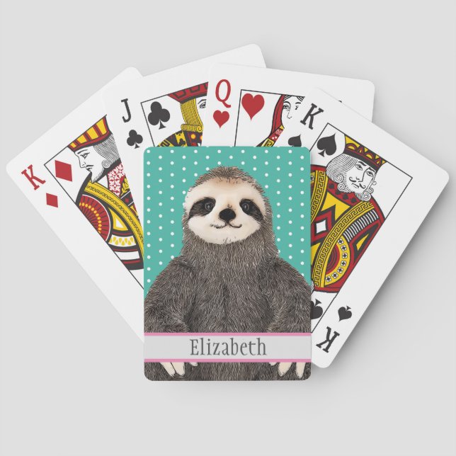 Adorable Sloth Teal Name Kids Animal Colourful Cut Playing Cards (Back)