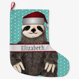 Adorable Sloth Teal Name Kids Animal Large Christmas Stocking