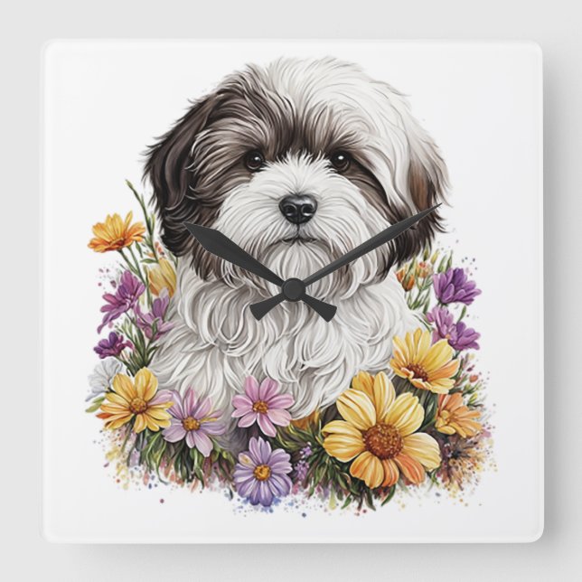 ADORABLE SMALL SHIH TZU DOG WITH FLOWERS SQUARE WALL CLOCK (Front)