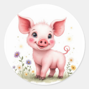 Adorable smiling baby piglet with big eyes, standi classic round sticker