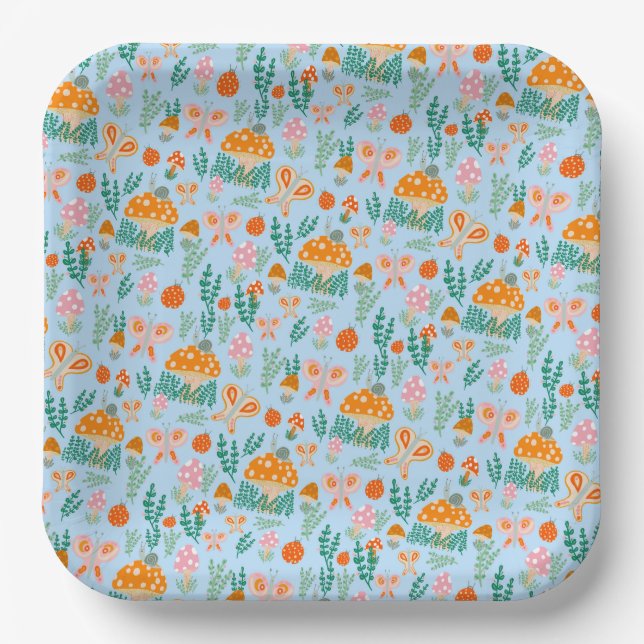Adorable Snail Mushroom Butterfly Cute BABY SHOWER Paper Plate (Front)