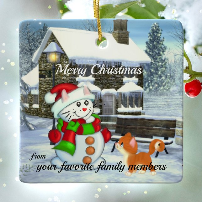 Adorable Snow Cat Christmas Ceramic Ornament (Creator Uploaded)