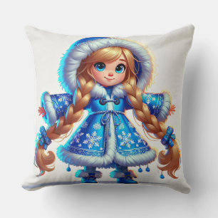 Adorable snow maiden in Blue Coat Cushion