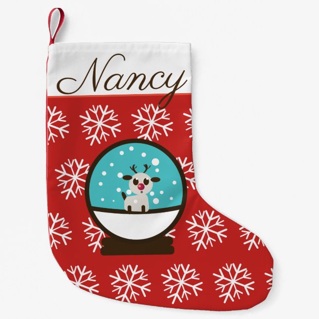 Adorable Snowglobe Reindeer with Snowflakes Small Christmas Stocking (Front)