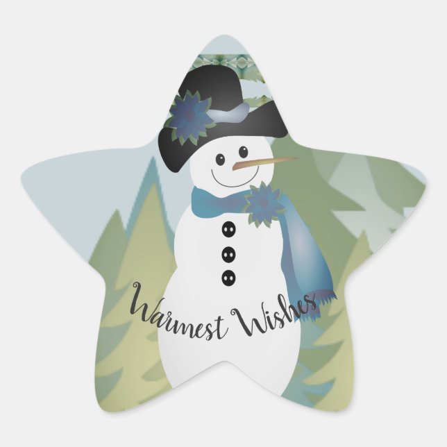 Adorable Snowman Accented in Blue Star Sticker (Front)
