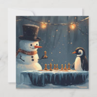 Adorable Snowman and Penguin Playing Chess