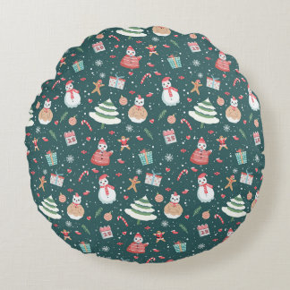 Adorable Snowman Christmas Pattern Round Cushion