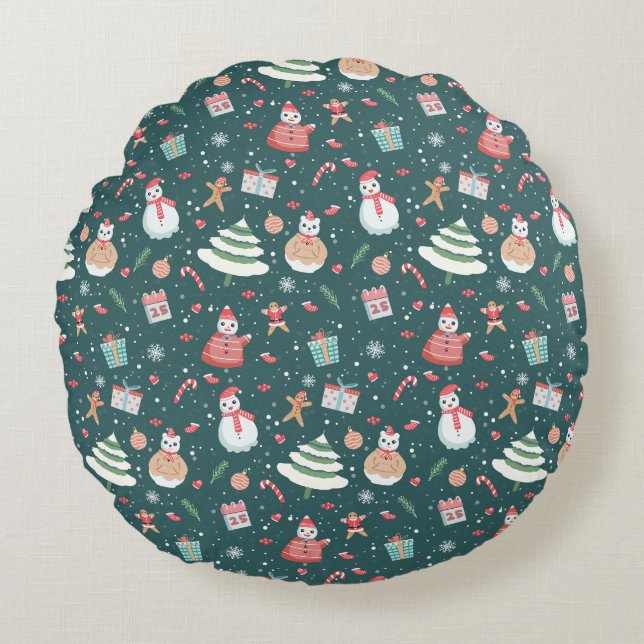 Adorable Snowman Christmas Pattern Round Cushion (Front)