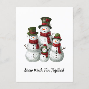 Adorable Snowman Family in Matching Hats & Scarves Holiday Postcard