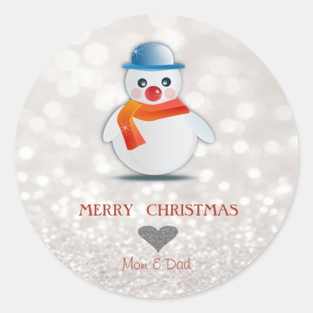 Adorable Snowman,Glittery Bokeh Classic Round Sticker (Front)