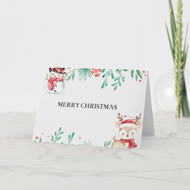 Adorable Snowman & Reindeer Blank  Thank You Card (Front)