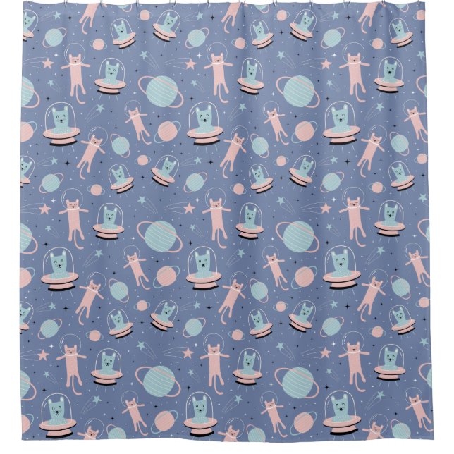 Adorable Space Cats Pattern Shower Curtain (Front)
