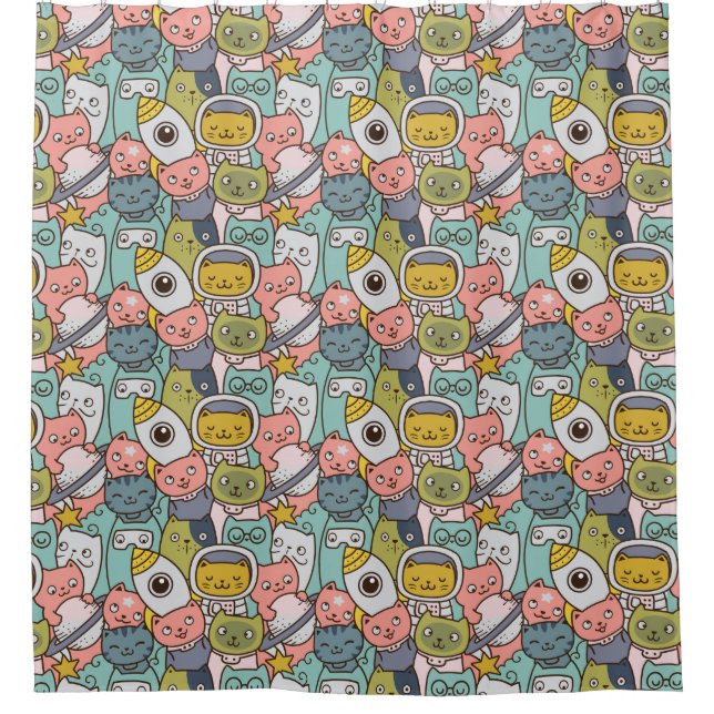 Adorable Space Cats Pattern Shower Curtain (Front)