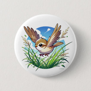 Adorable sparrow taking flight above the field 6 cm round badge